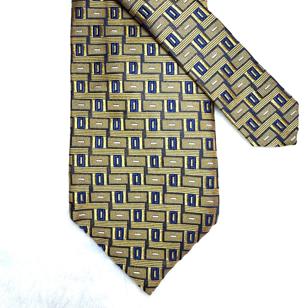 Lands End Necktie Men Gold Geometric Jacquard Silk Handsewn 63" Long